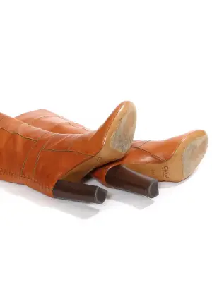 Bottes hautes à talon bois en patchwork de cuir camel tressé Prix boutique 1000€ Taille 36,5 — photo 5