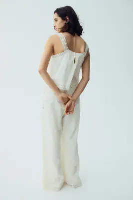 Pyjama en coton avec dentelle - Crème — photo 3