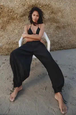 Pantalon froissé avec cordons de serrage - Noir — photo 1