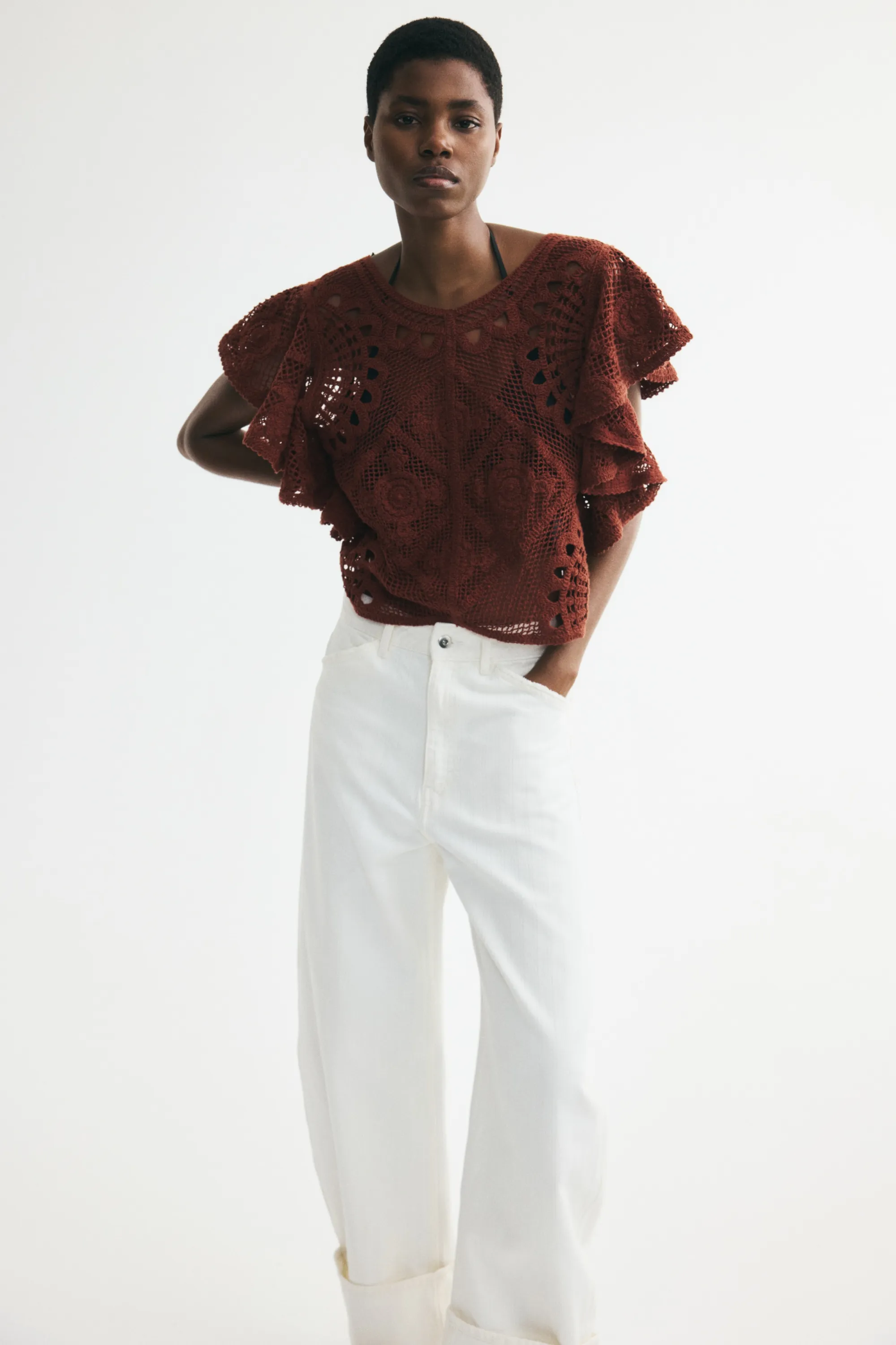 Top façon crochet avec manches volantées - Rouge rouille foncé
