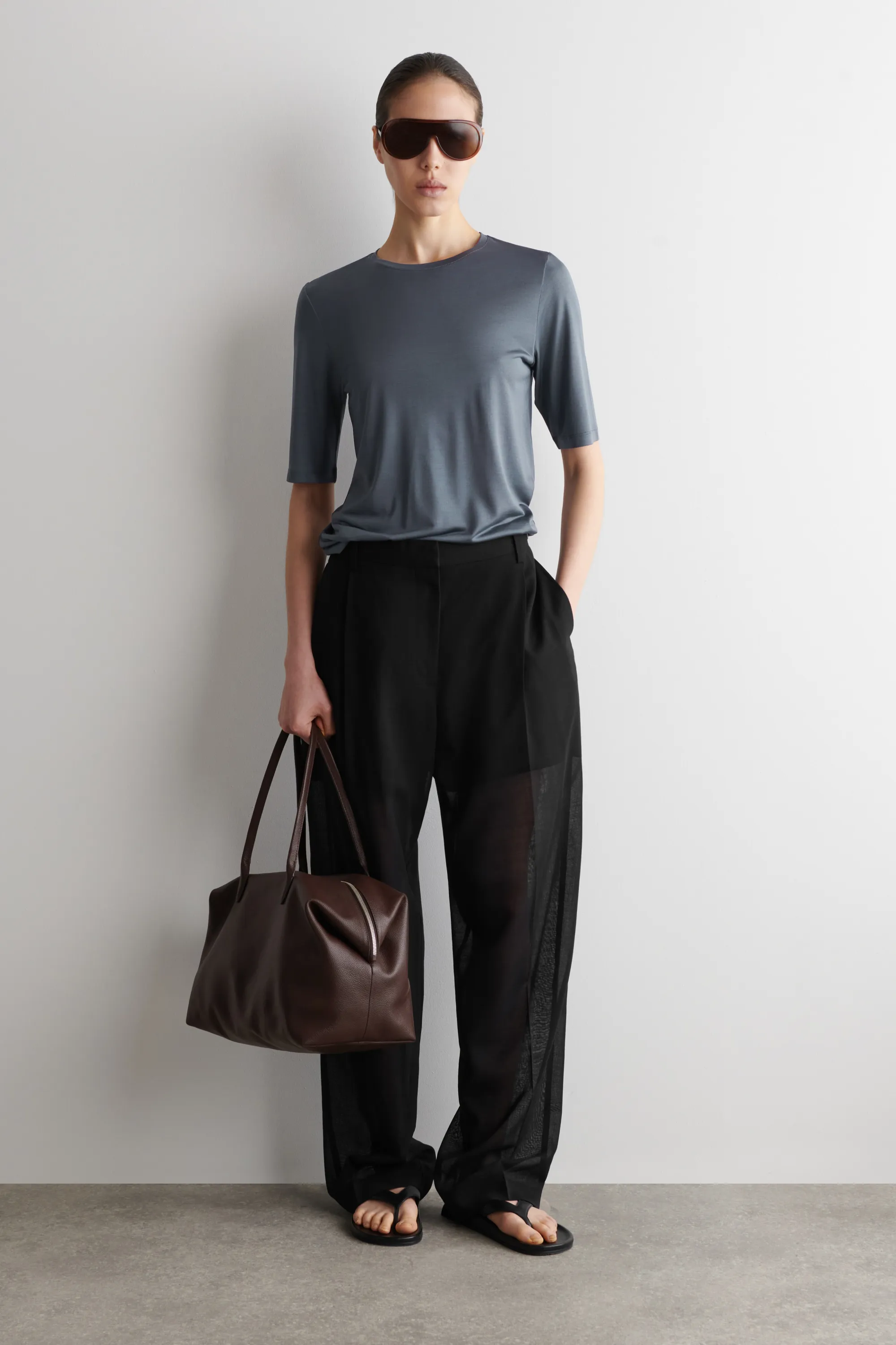 T-SHIRT EN SOIE FLUIDE - Bleu acier
