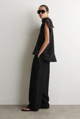 PANTALON DE TAILLEUR DROIT EN LIN MÉLANGÉ - NOIR — photo 1