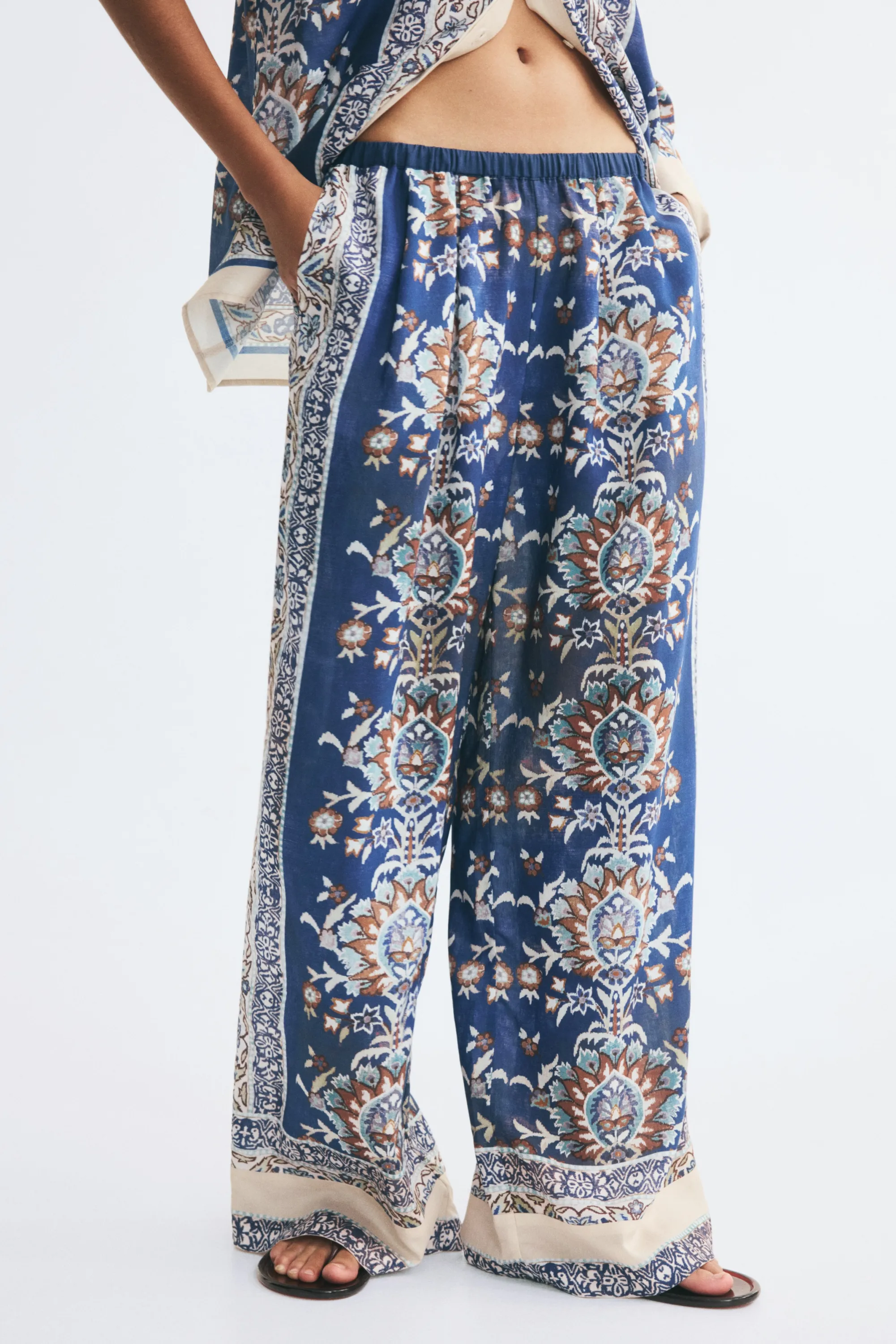 Pantalon en viscose mélangée avec taille élastique - Bleu/motif