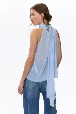 Top en mousseline avec col écharpe - Bleu ancien clair/pois — photo 3