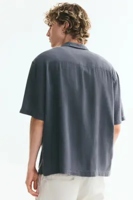 Chemise Relaxed Fit en lin mélangé avec col cubain - Gris foncé — photo 3