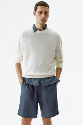 Short Relaxed Fit en lin - Bleu ancien foncé — photo 1