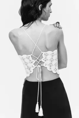 Top façon crochet avec bretelles fines - Crème — photo 2