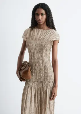 Robe longue à smocks - Beige/Rayures — photo 2