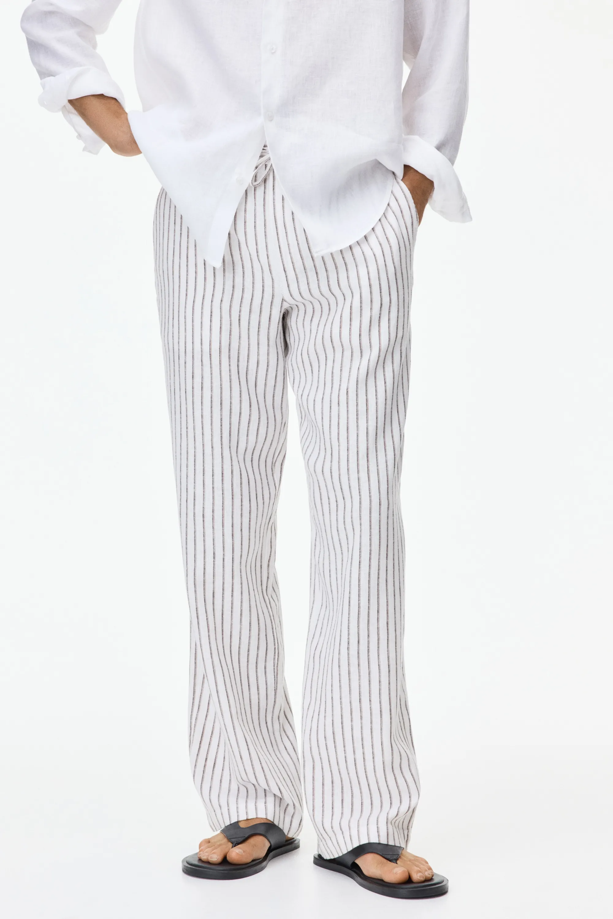Pantalon Relaxed Fit en lin mélangé - Blanc/rayé