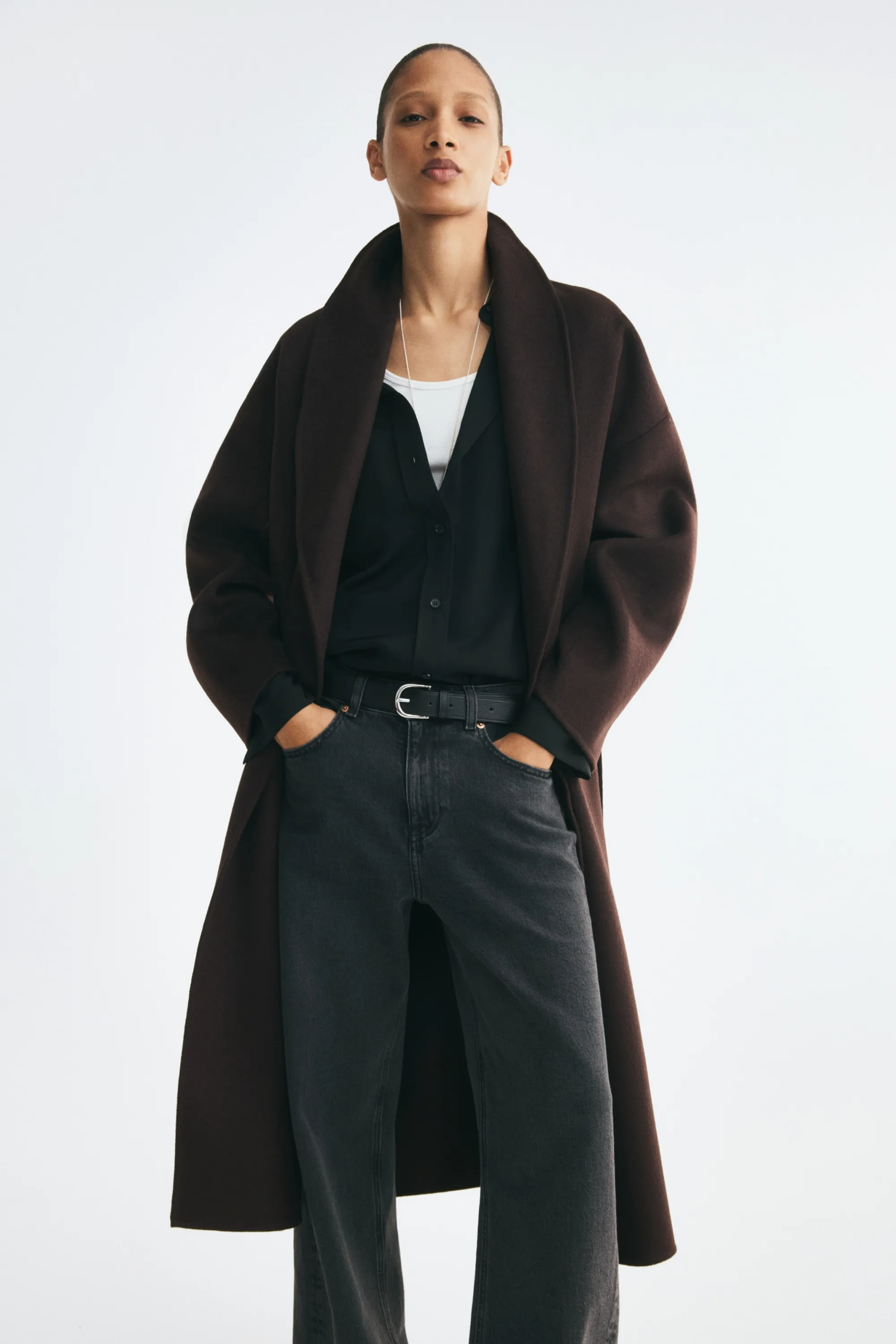 Manteau oversize fait main en laine mélangée - Marron foncé