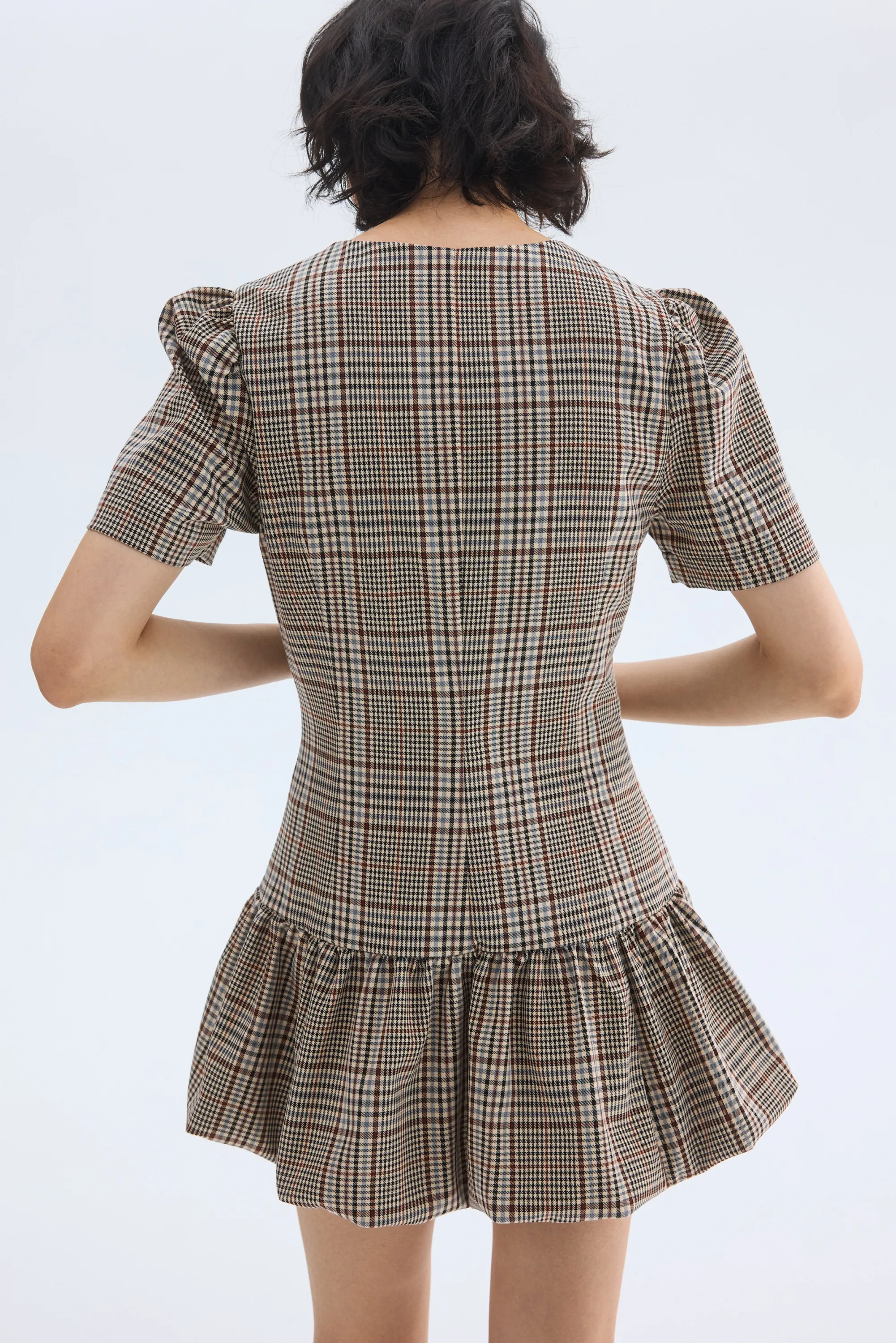 Bubble-hem dress - Beige/carreaux