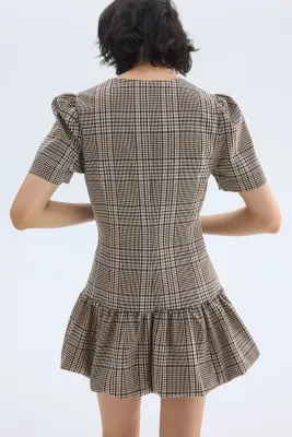 Bubble-hem dress - Beige/carreaux — photo 1