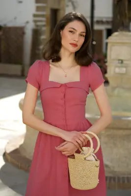 Estelle Button Down Linen Dress - Rose — photo 3