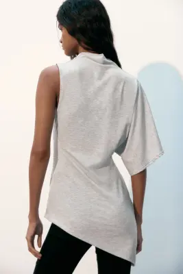 Top asymétrique avec col cheminée - Gris clair chiné — photo 3