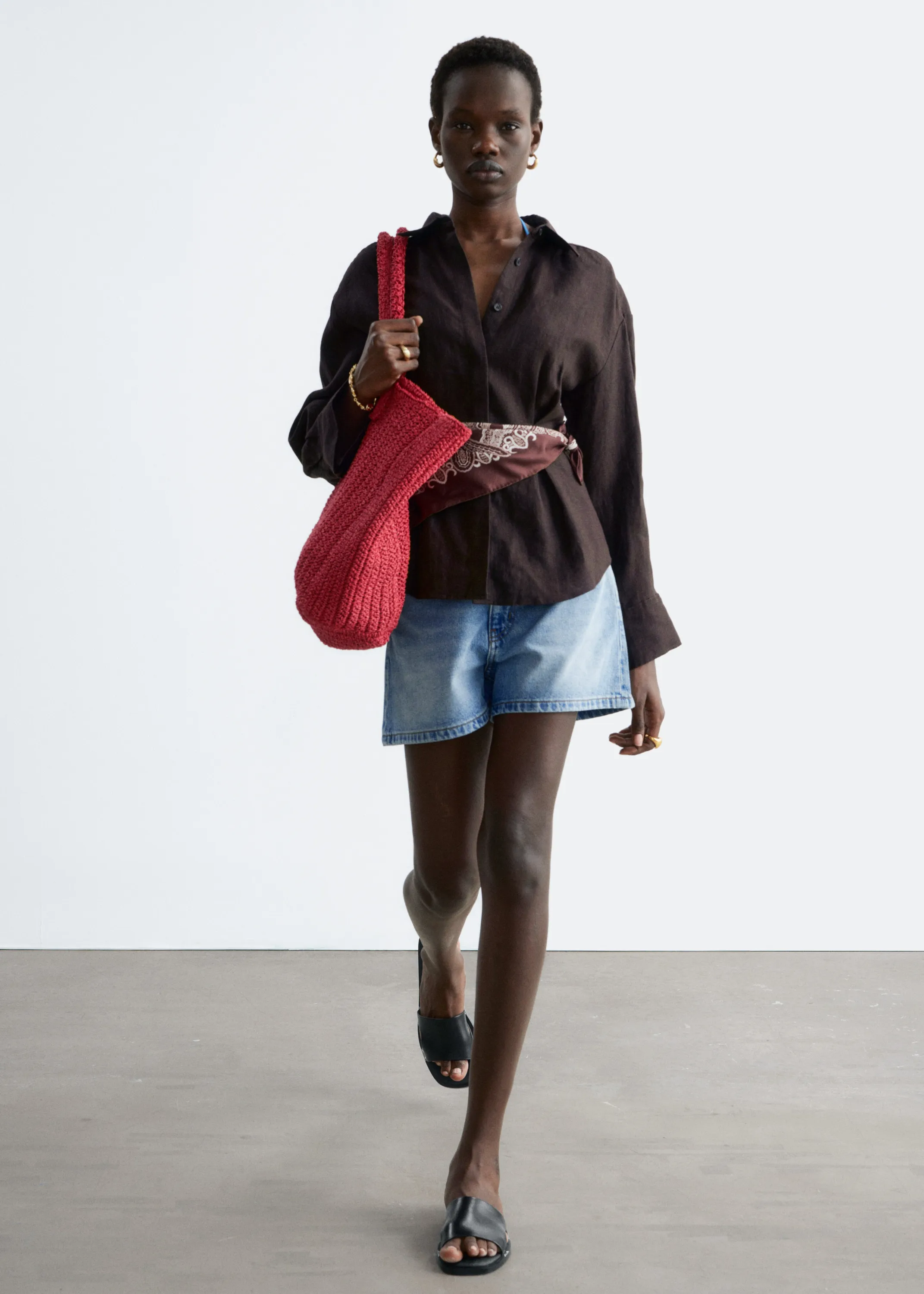 Chemise en lin plissée à la taille - Marron foncé
