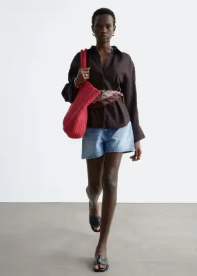 Chemise en lin plissée à la taille - Marron foncé — photo 1