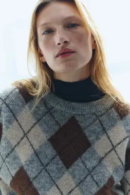 Pull oversize - Gris/motif argyle — photo 3