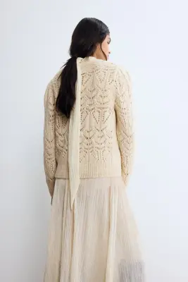 Pull en maille pointelle - Beige clair — photo 4