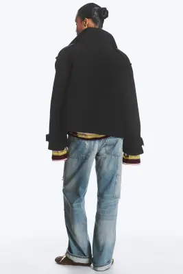 Veste en laine mélangée à col cheminée - Bleu foncé — photo 4