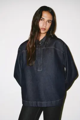 Chemise popover en denim - Bleu denim foncé — photo 2