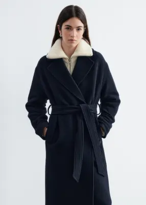 Manteau volumineux en laine avec ceinture - Bleu marine — photo 1