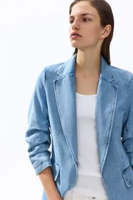 Blazer à manches froncées en denim - Bleu denim — photo 1