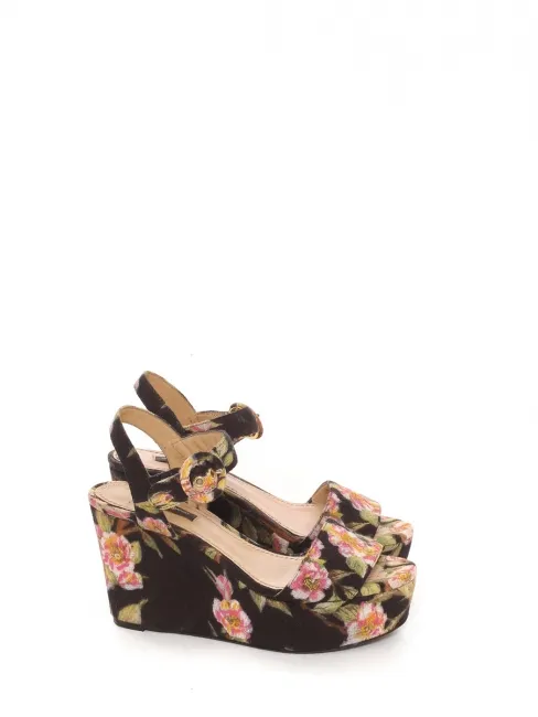 Sandales compensées et plateforme fleuri noir, rose et vert Prix boutique 575€ Taille 36