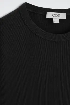 T-SHIRT SLIM À MANCHES LONGUES EN COTON CÔTELÉ - NOIR — photo 3