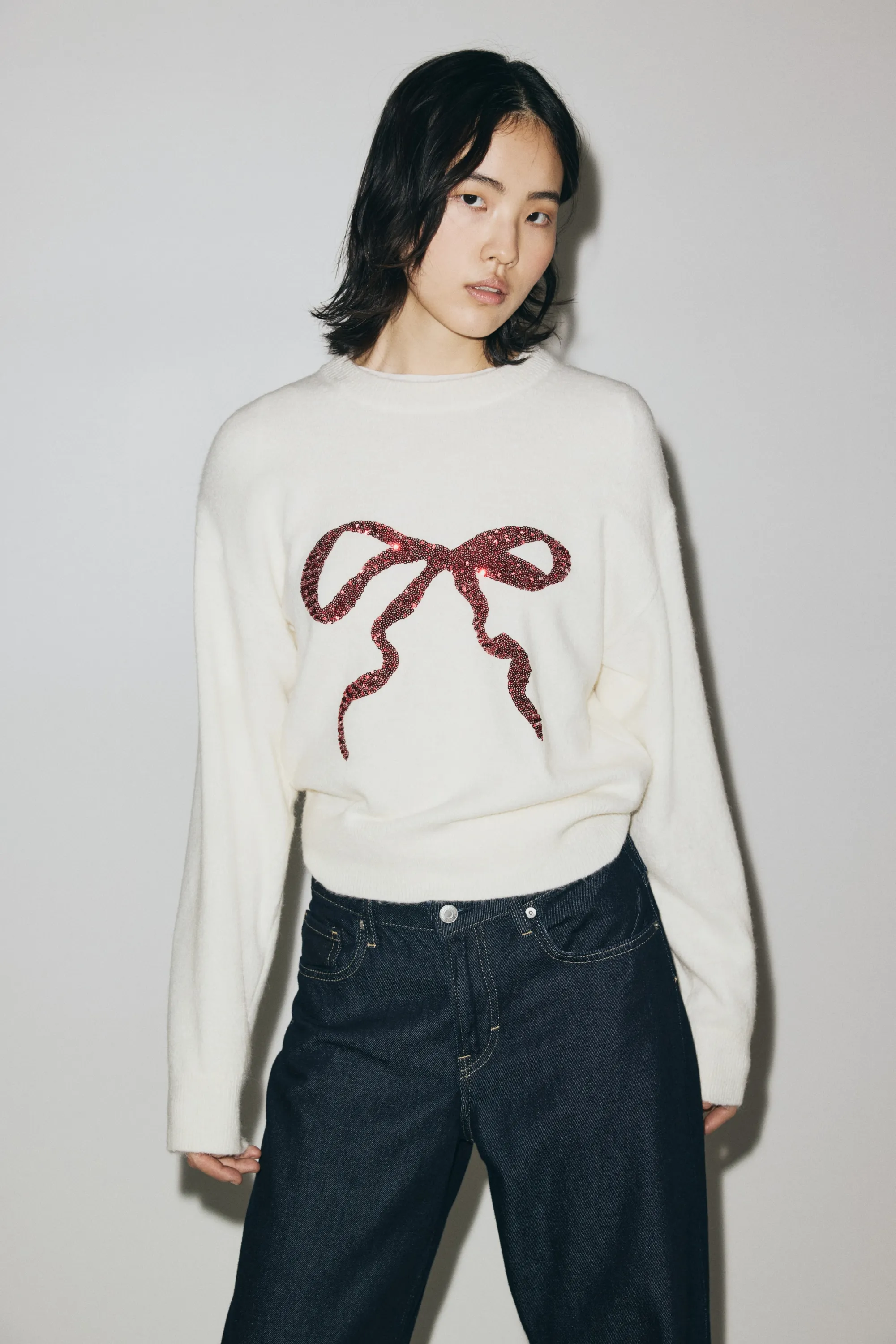 Pull avec motif à sequins - Blanc/nœud