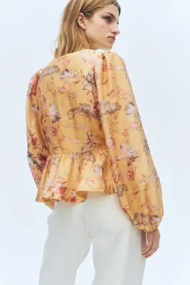 Blouse péplum en lin mélangé - Jaune/fleuri — photo 2
