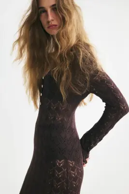 Robe façon crochet avec boutons en haut - Marron foncé — photo 3