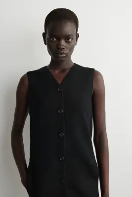 ROBE DROITE COURTE ET BOUTONNÉE EN LAINE MÉRINOS - NOIR — photo 1