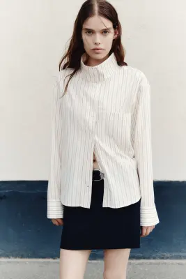Chemise oversize à col droit - Blanc/rayé — photo 2