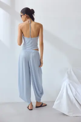 Pantalon à effet drapé avec taille élastique - Bleu clair — photo 2