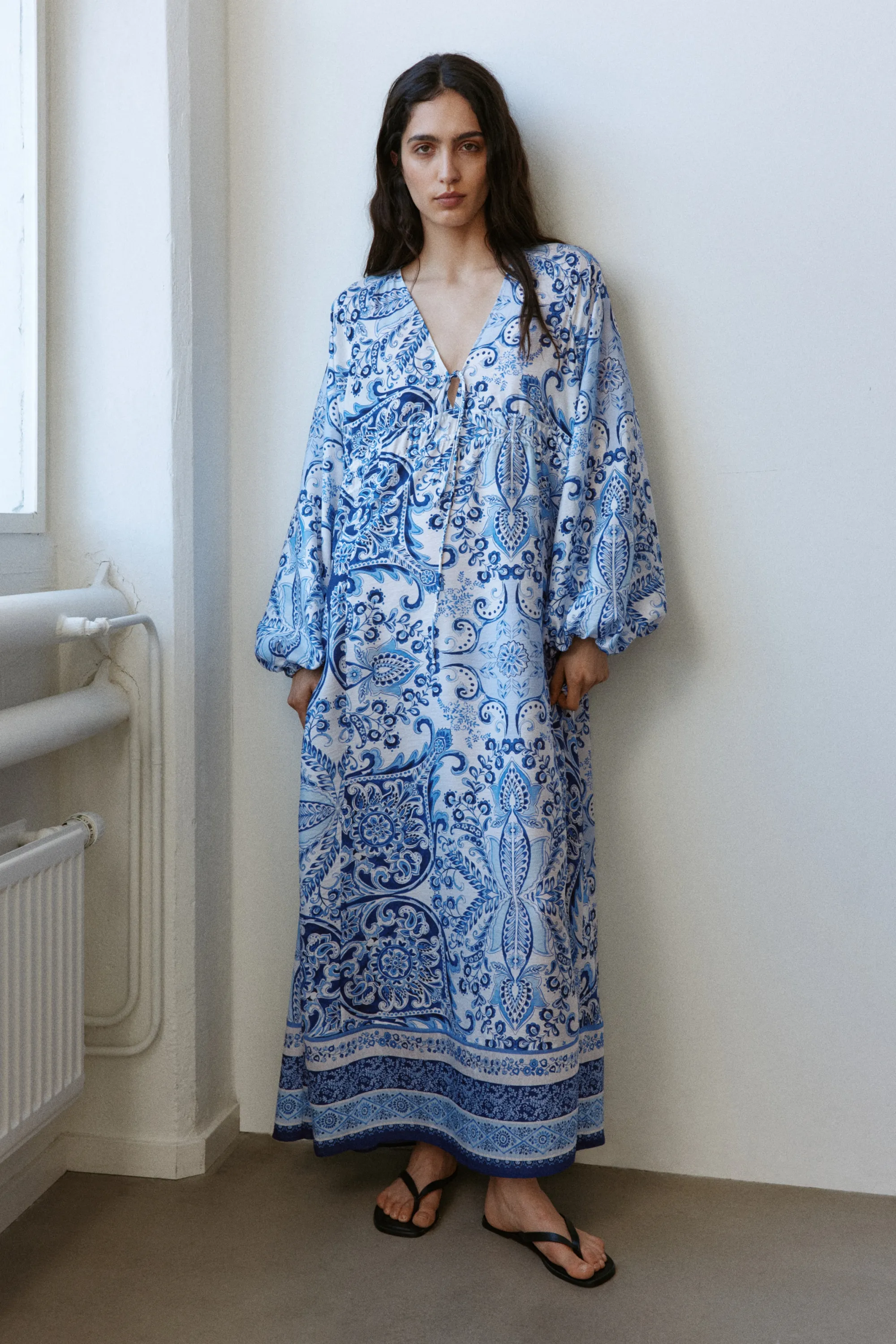Robe tunique à manches ballon - Bleu/motif cachemire