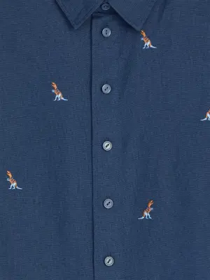 Chemise brodée en lin mélangé - Bleu foncé/Dinosaures — photo 3