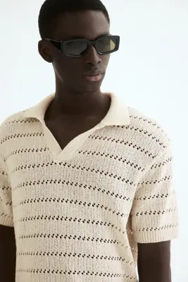 Polo Relaxed fit en maille ajourée - Beige clair — photo 1