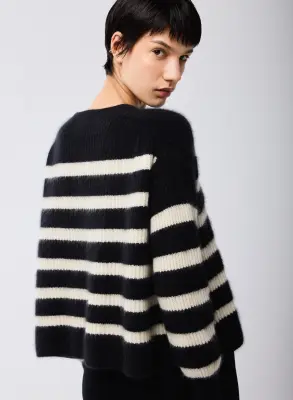 Pull Marinière Noir / Beige Col Rond Manches Longues en Laine / Fox / Polyamide — photo 5