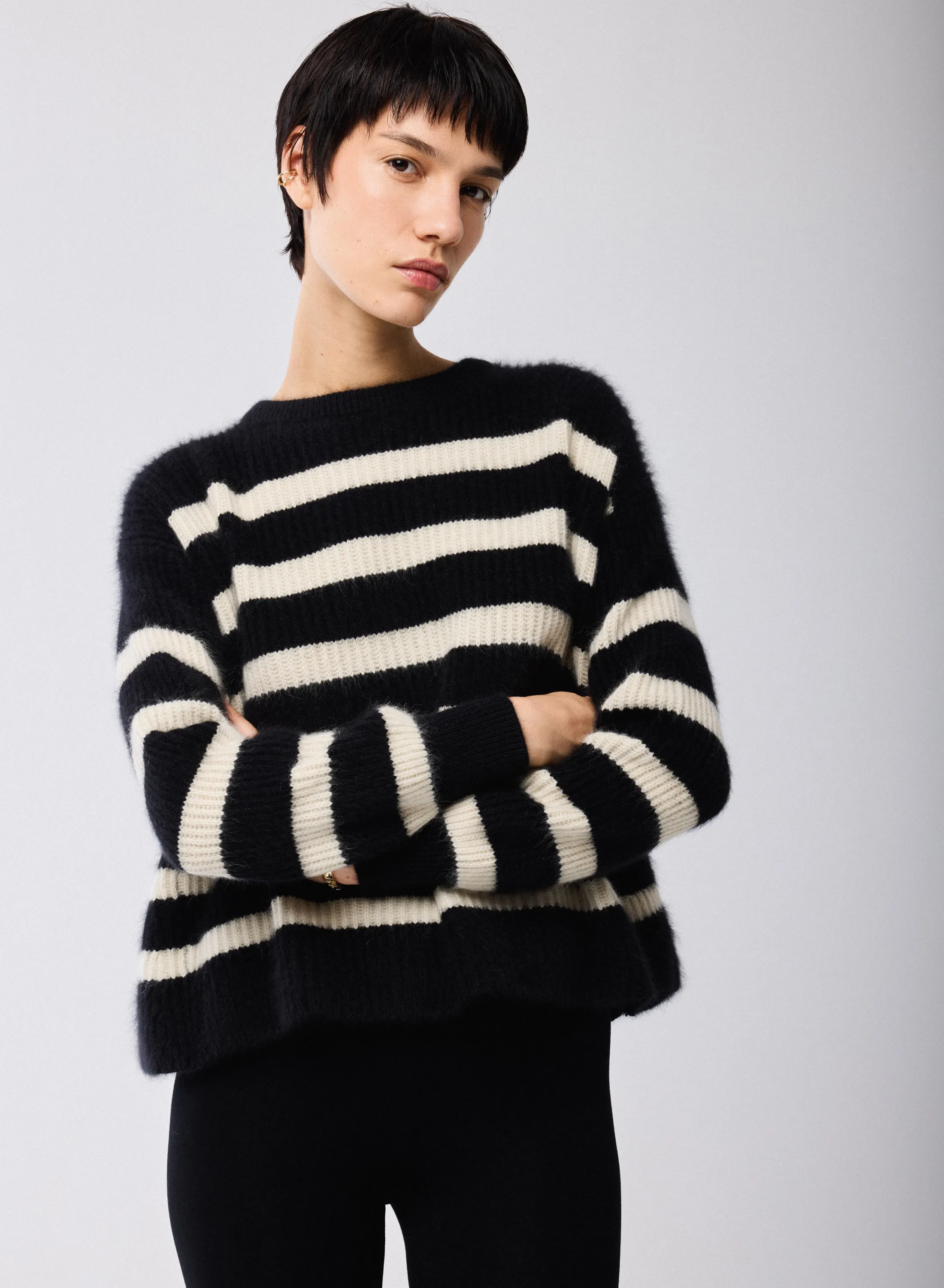 Pull Marinière Noir / Beige Col Rond Manches Longues en Laine / Fox / Polyamide