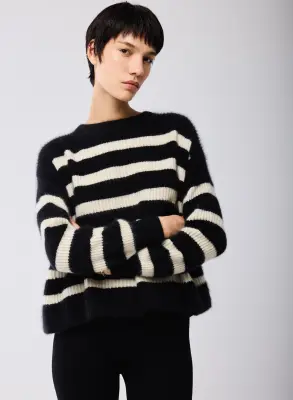 Pull Marinière Noir / Beige Col Rond Manches Longues en Laine / Fox / Polyamide