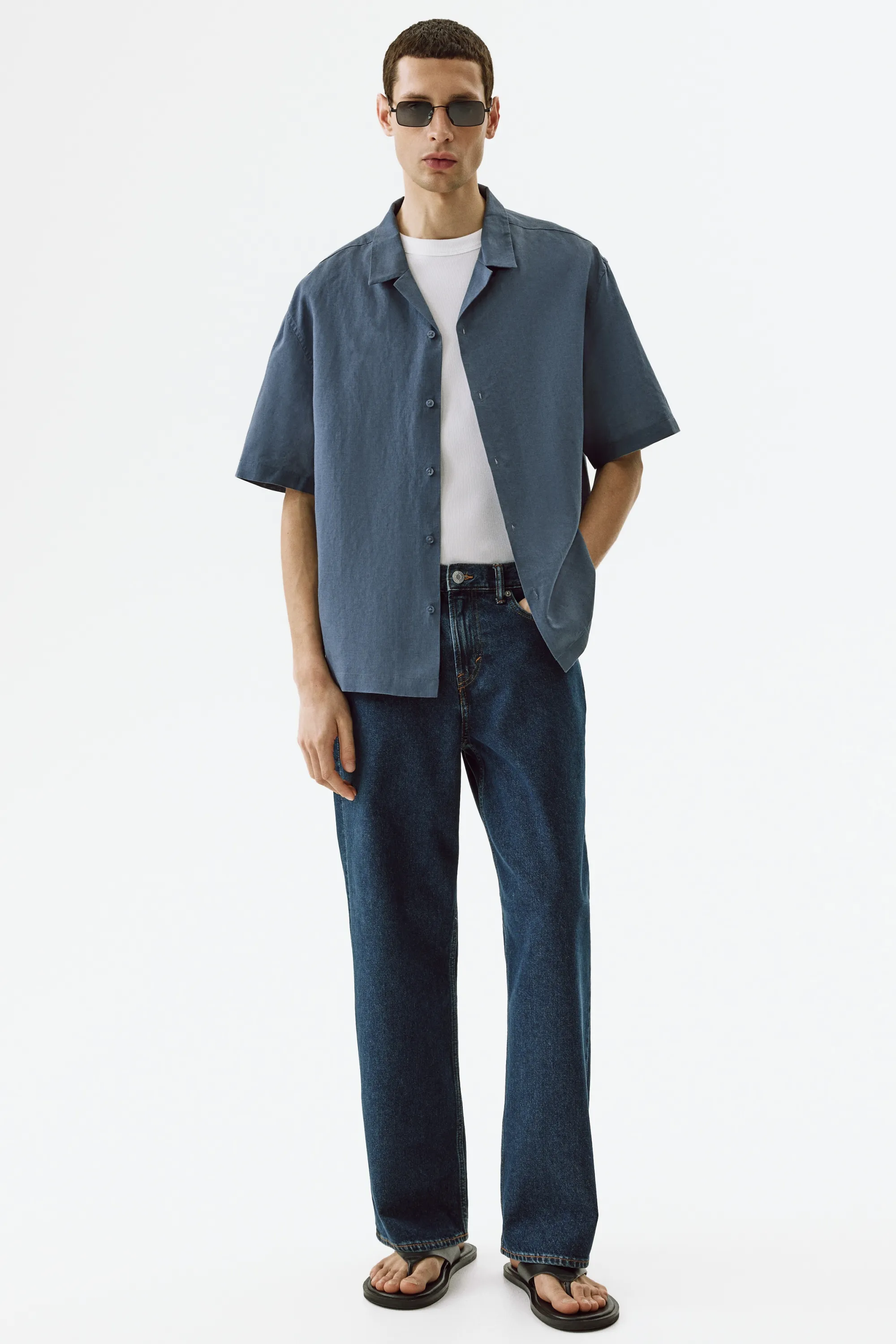 Chemise Relaxed Fit en lin mélangé avec col cubain - Bleu ancien