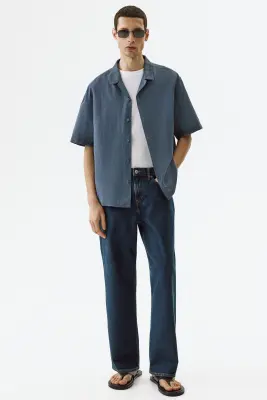 Chemise Relaxed Fit en lin mélangé avec col cubain - Bleu ancien — photo 1