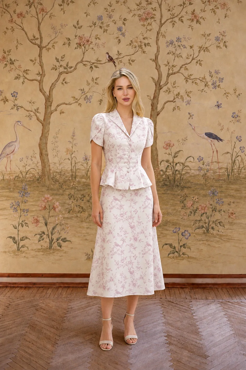 Andi Peplum Blouse - Lavender Toile de Jouy Birds