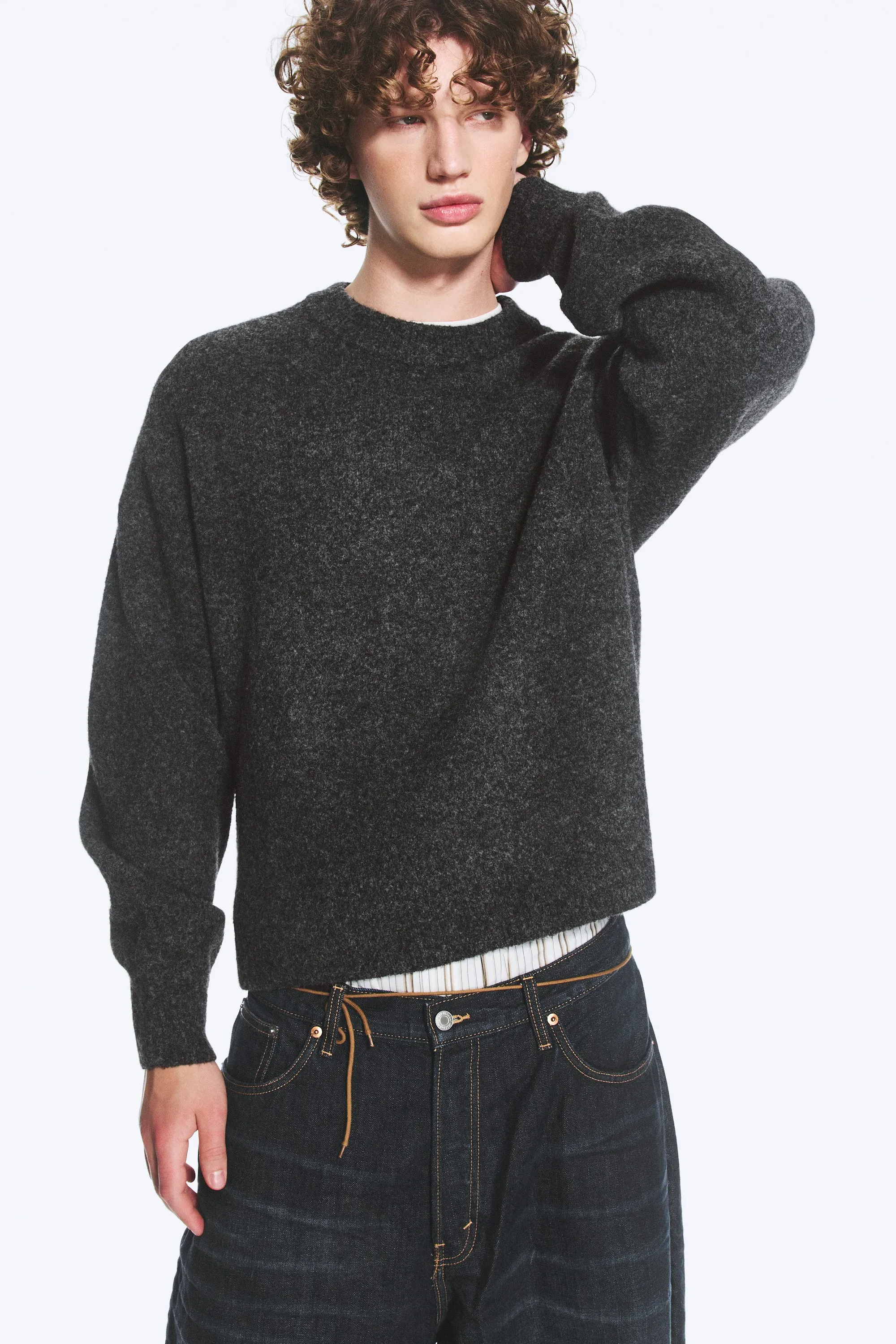 Pull en laine mélangée à col rond et coupe décontractée - Gris foncé chiné