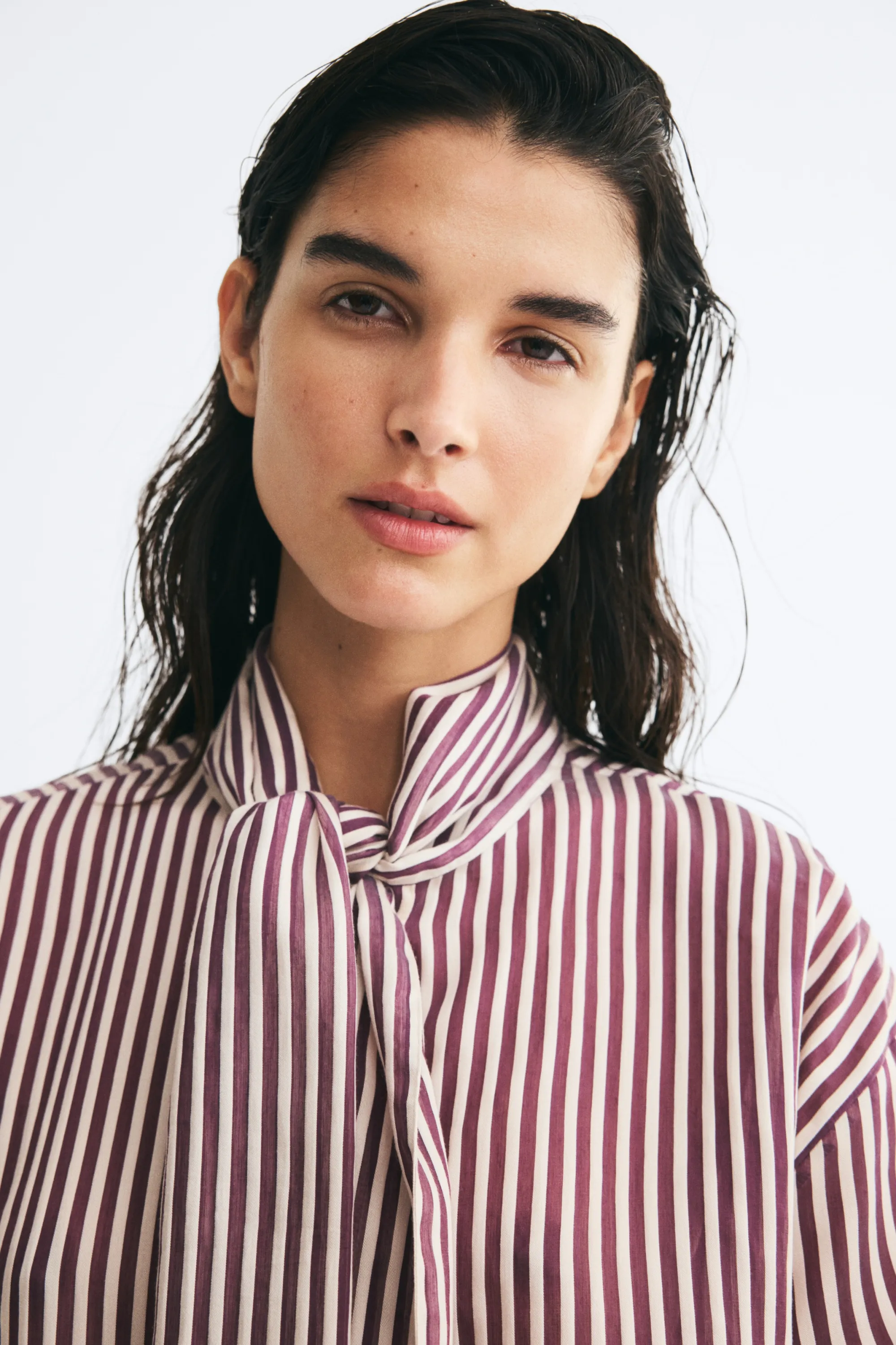 Chemise oversize à col cravate - Violet prune/rayé