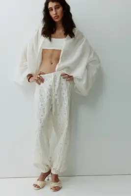 Pantalon façon dentelle avec cordon de serrage - Blanc — photo 1