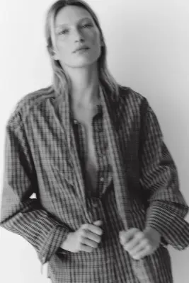 Chemise en popeline de coton à col à nouer - Bleu clair/carreaux — photo 1