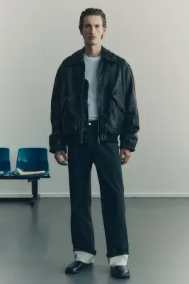 Veste aviateur Loose Fit en cuir - Noir — photo 2