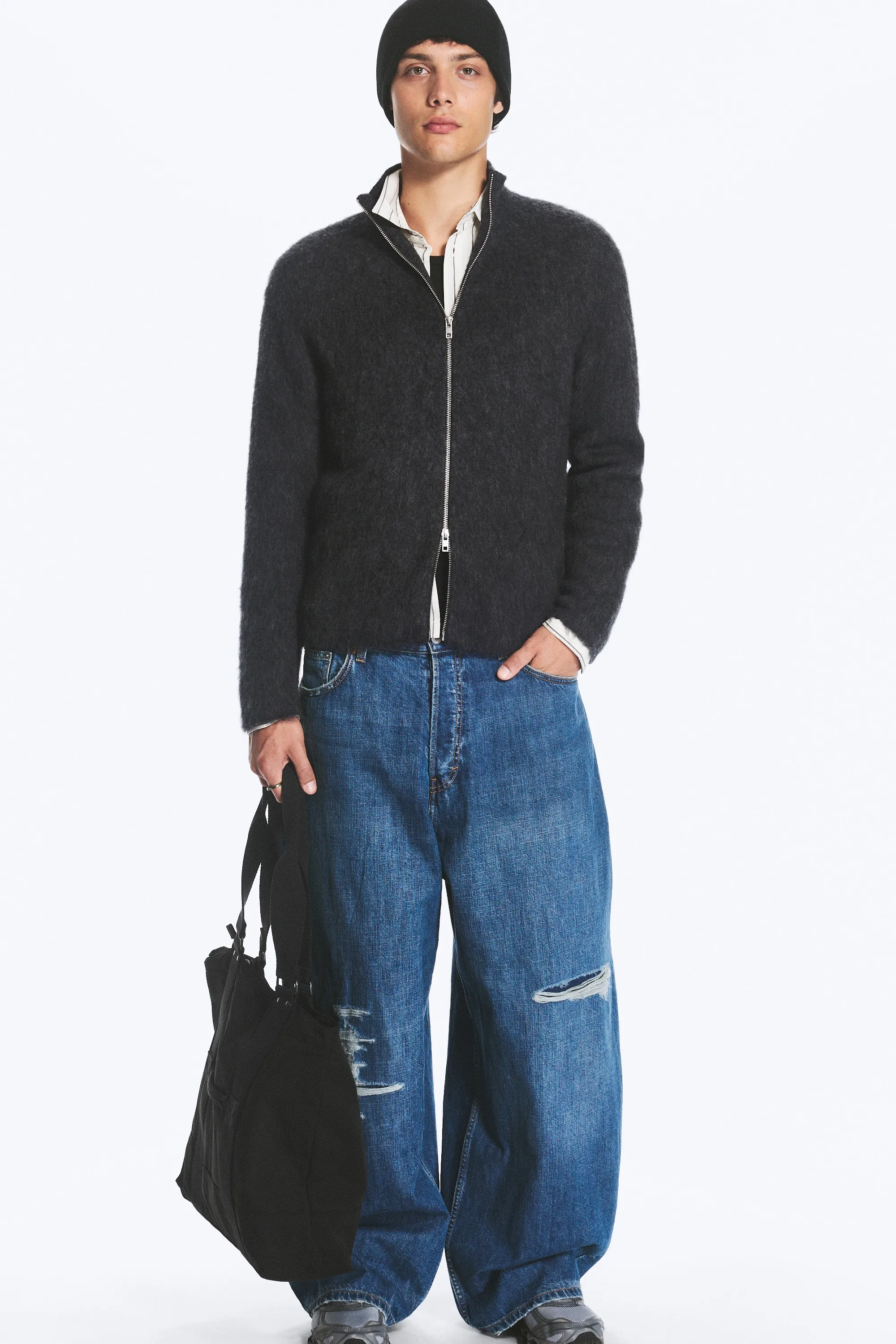 Cardigan zippé décontracté en mélange d'alpaga - Gris foncé