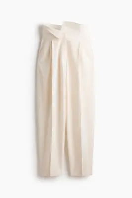 Pantalon en lin mélangé avec ceinture repliée - Crème — photo 3